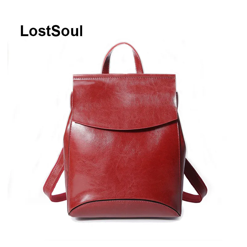 LostSoul женский рюкзак из натуральной коровьей кожи, сумка для школы для девочек, однотонные винтажные восковые кожаные сумки на плечо, feminia sac