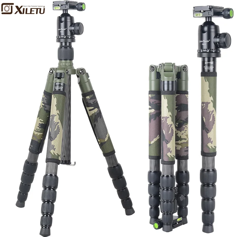 Xiletu T285C+FB1 Pro Stable Carbon Fiber Tripod&Ball Head Removable Monopod Camouflage Tripod