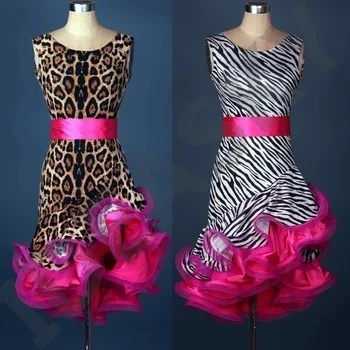 New Latin Dance Dress ladies leopard zebra adult Latin dance salsa tango Cha cha Dress Ballroom Dot Customizable Dress with Belt