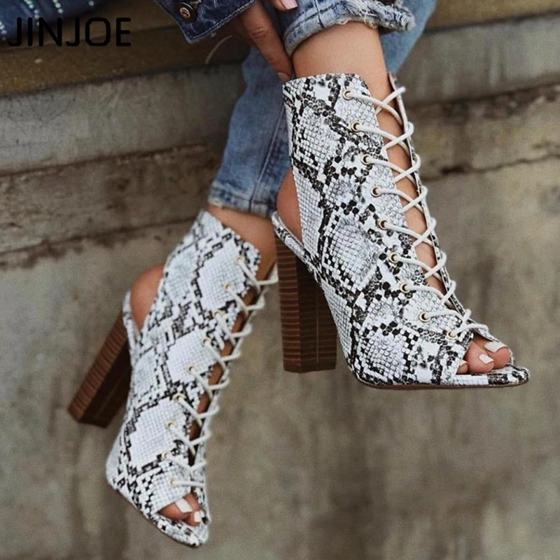 

JINJOE Sexy Women Boots Shoes Novelty Serpentine Square High Heels Peep Toe pumps Hollow Out Lace-Up Snake skin Big Size 35-42