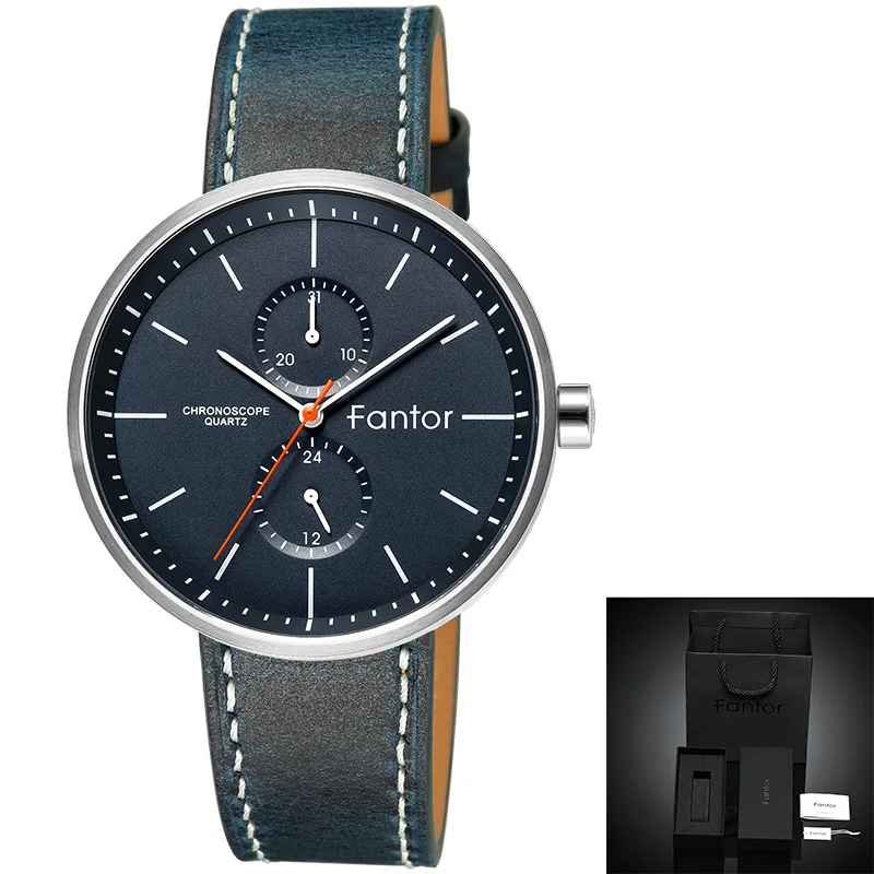 Fantor Мужские часы Роскошные повседневные кварцевые хронограф водонепроницаемые мужские наручные часы с синим кожаным ремешком ультра тонкие Брендовые Часы - Цвет: WF1022G04