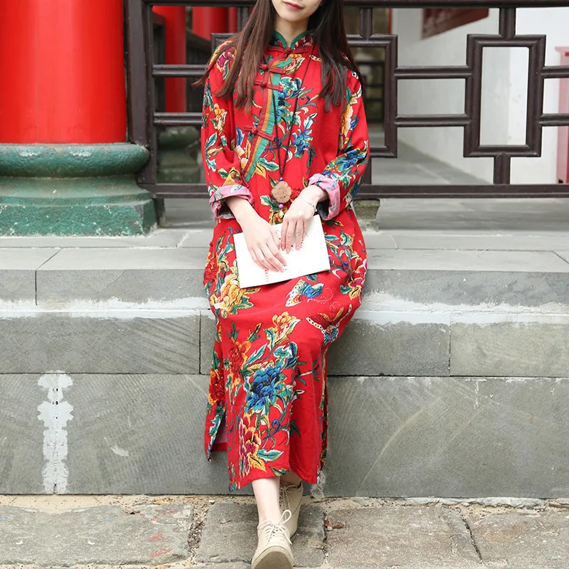 LZJN восточное платье с длинными рукавами Cheongsam Qipao лето осень с рисунком цветов и бабочек халат традиционное китайское женское платье