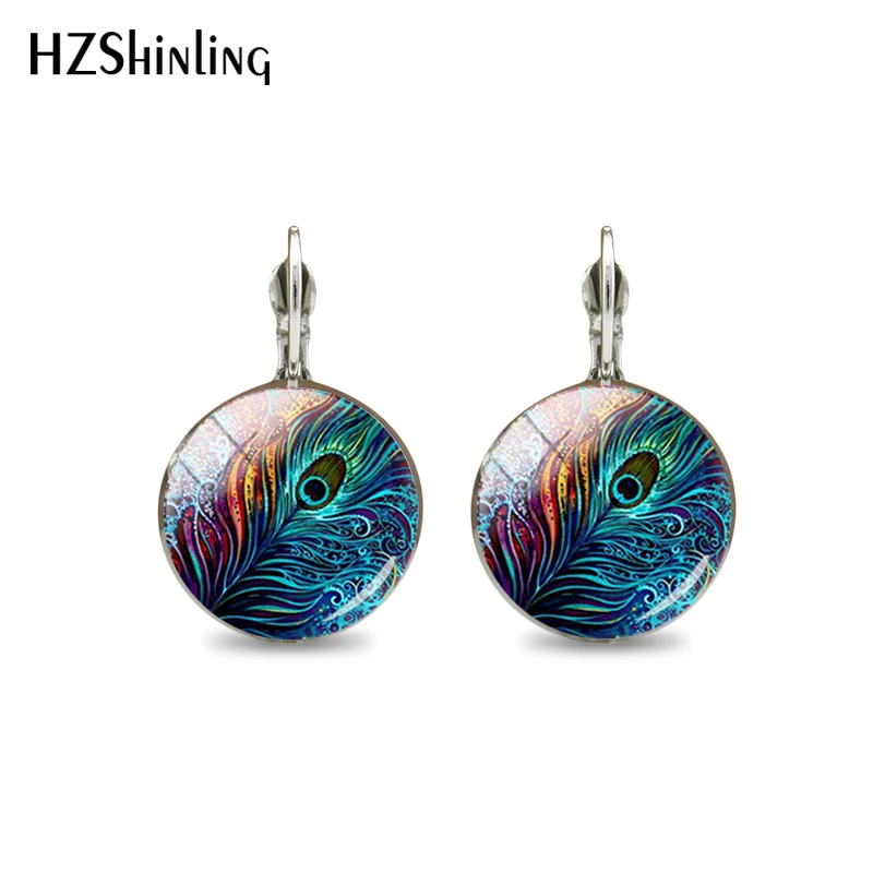 

Peacock Earrings, A Very Large Tail Covered With Blue and Green Spots, Spread Out like A Fan Handmade Glass Dome Hook Earrings