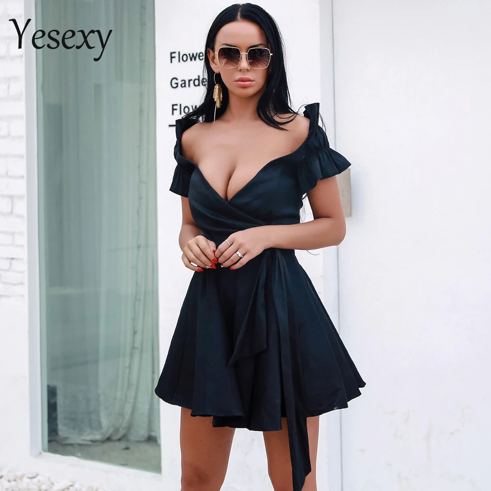 Yesexy, женские сексуальные платья с глубоким v-образным вырезом и коротким рукавом, женское одноцветное элегантное вечернее платье Vestdios VR18347
