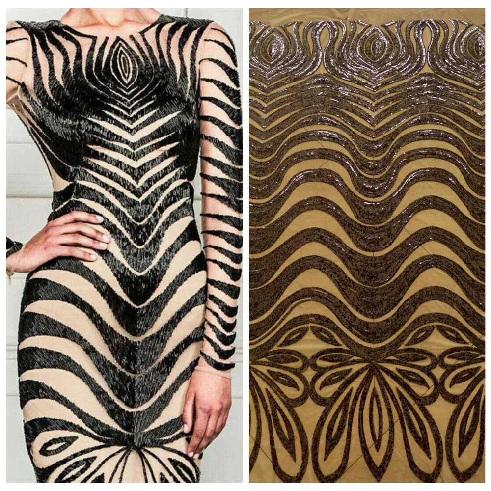 La Belleza 1 ярд Золотые/черные/белые блестки на off-white сетка вышитая шоу/вечер/Свадьба/сценическое дамское платье ткань