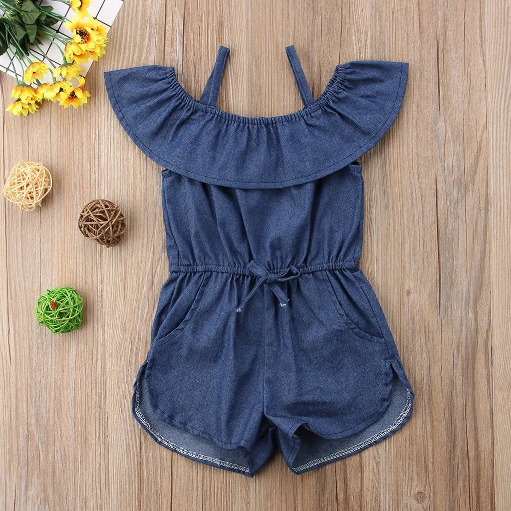 

Toddler Kids Girls Denim Strap Romper Solid Ruffled Sleeveless Backless With Belt Pocket Jumpsuit Playsuit Girl Clothes Outfits