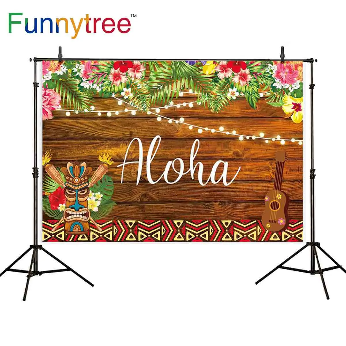 

Funnytree backgrounds for photo studio Aloha tiki mask luau party tropical flower vintage wood photography backdrop photocall