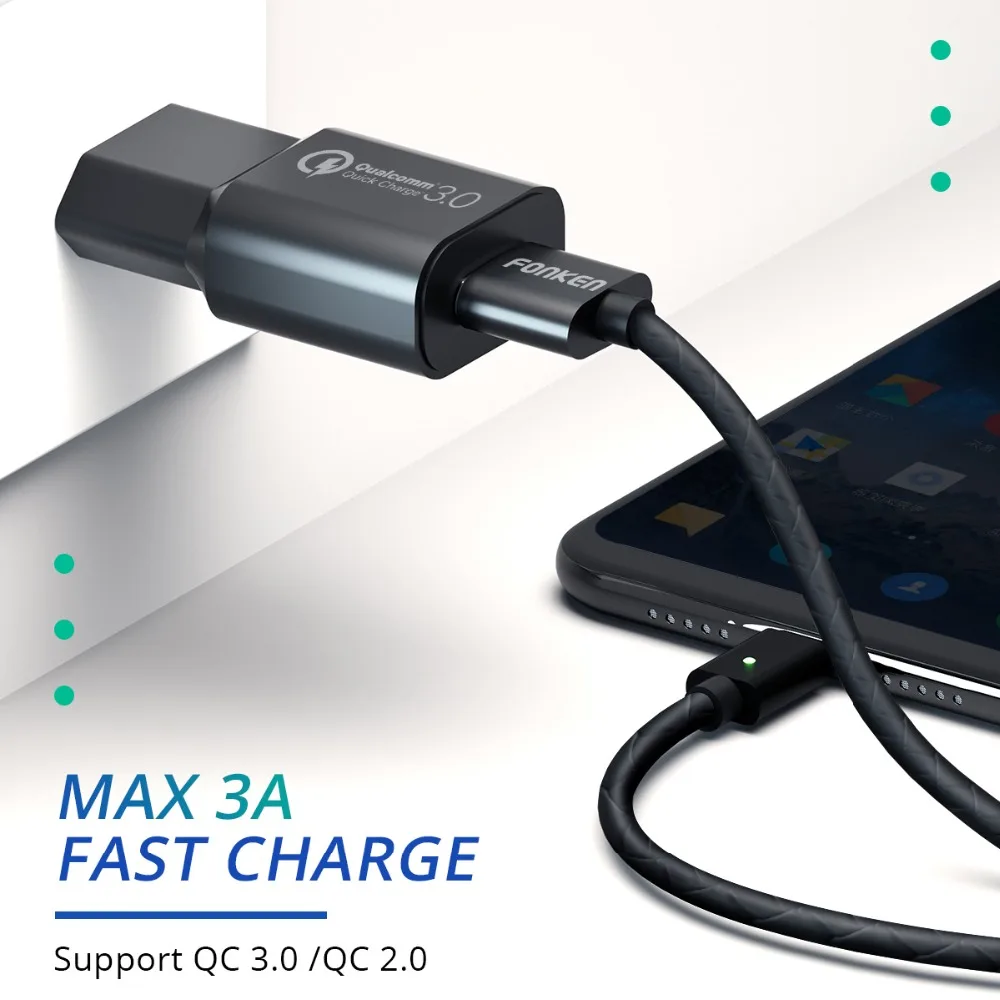 FONKEN المصغّر USB كابل مغناطيسي المغناطيس سريعة تهمة 3A USB نوع C الكابلات 1 m 2 m الروبوت سلك الهاتف المحمول سريع بيانات الشحن الحبل