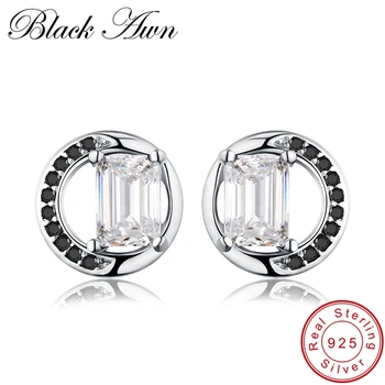 

[BLACK AWN] Stud Earrings for Women Genuine 925 Sterling Silver Jewelry Black Spinel Stone Boucle D'oreille Wedding Brincos T069