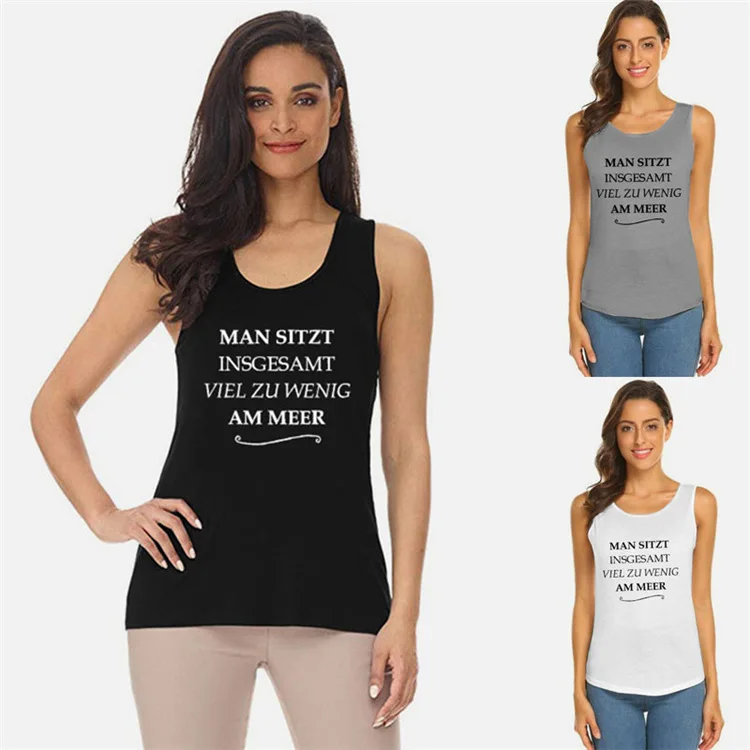 

MAN SITZT INSGESAMT VIEL ZU WENIG AM MEER Plus Size Tank Tops Women Summer Letter Print Female Casual Vest Ladies Tops Tee