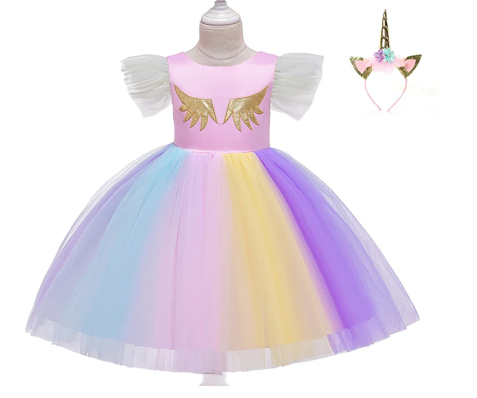 

European and American girls Cosplay show dress color flying sleeve dress Unicorn Princess mesh children's birthday dress dress