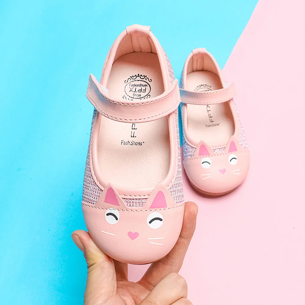 Детские кожаные тонкие туфли с милым рисунком кота для маленьких девочек; обувь принцессы