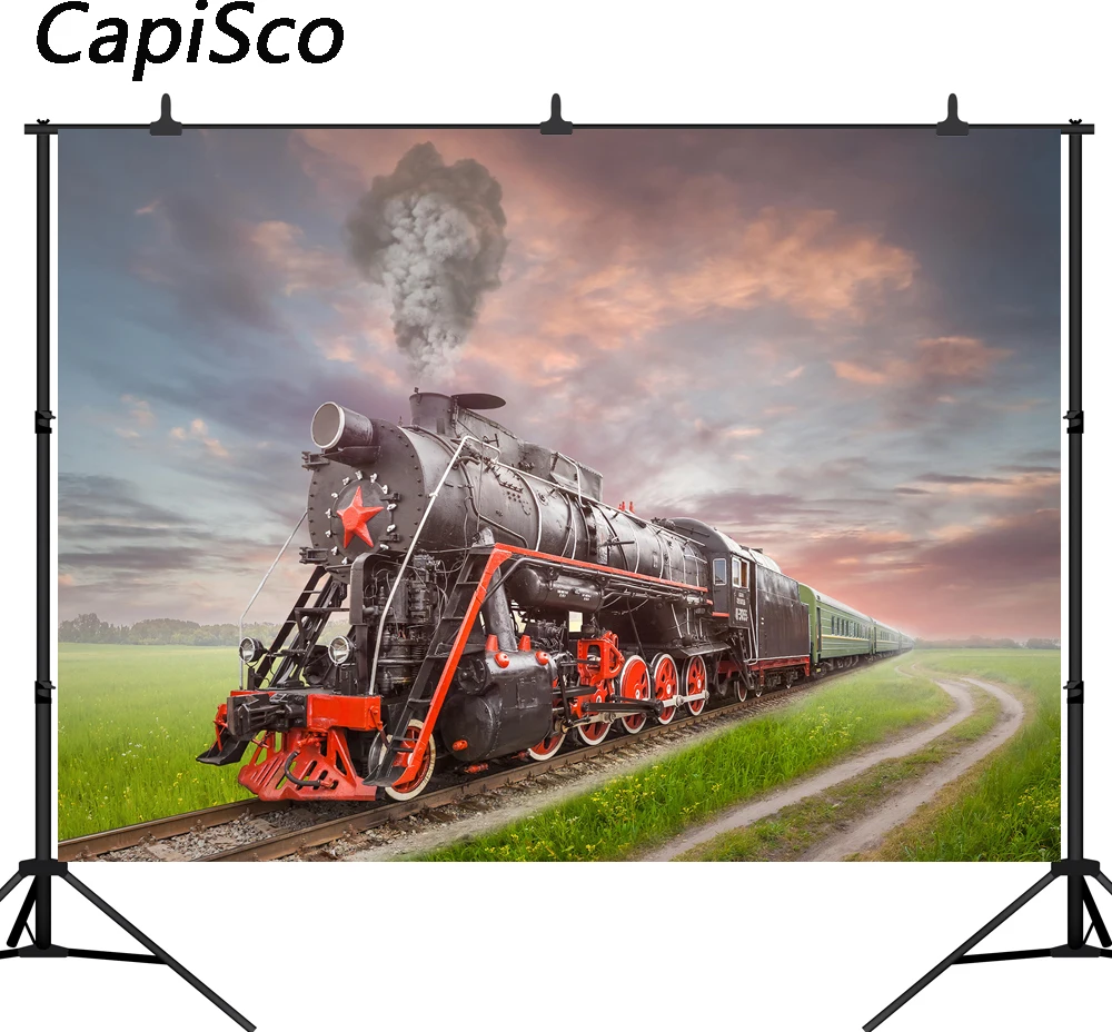 

Capisco Steam Train Railway spring Field Scenery Photography Backgrounds Custom Photographic Backdrops For Photo Studio