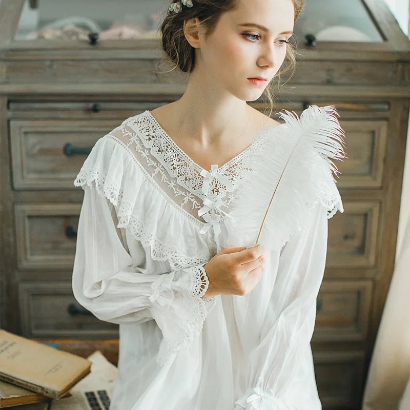 High Quality Cotton Retro Maternity Dress Sleepwear Pregnant Women Pajamas Lace Crochet Nightgown Clothes Long Sleeve CL011