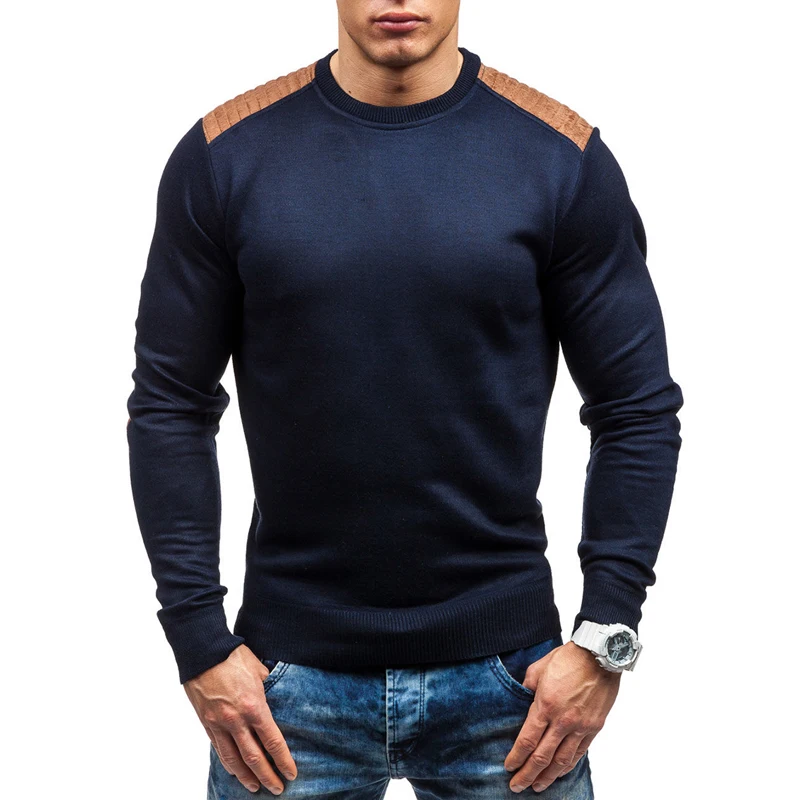 

2018 Spring And Autumn Sweater Pullover Male Brand Casual Slim Sweaters Men's Suede Patchwork Hedging O-Neck Men'S Sweater