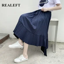 REALEFT/Новое поступление, женские модные однотонные гофрированные длинные юбки, эластичные юбки с завышенной талией и асимметричными оборками, женские юбки до середины икры