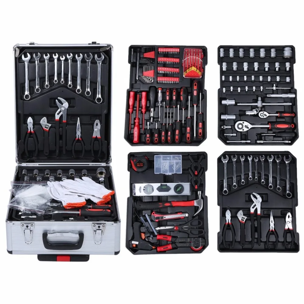 

New 687pcs/set Tool Trolley Suitcase Set Tool Box Carry Case Aluminum Alloy Toolbox Ratchet Wrench Pliers Screwdriver
