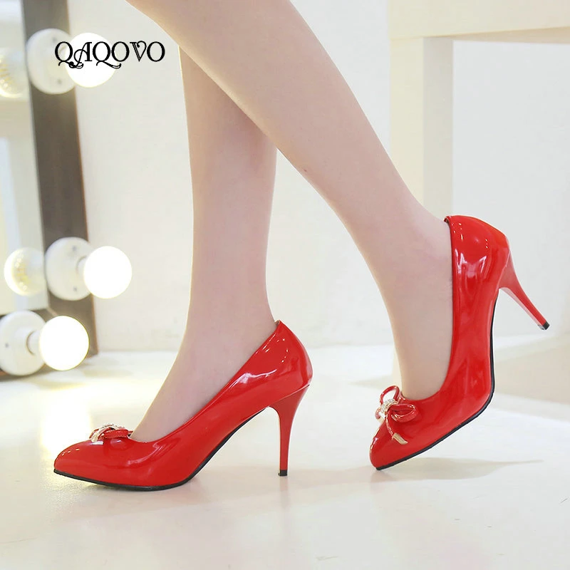 Patent Leather Heels Women Bow Knot Slip On Spring Autumn Party Shoes White Black Red|Women's Pumps| - AliExpress