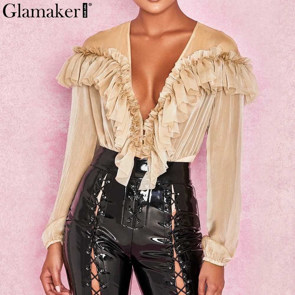 Glamaker Deep v neck transparent mesh ruffle bodysuit Women chiffon long sleeve bodysuit loose overall Sexy female spring romper