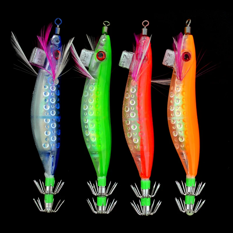 

Luminous Squid Jigs 1 Piece Plastic Glow Wood Shrimp with Octopus Squid Jig Hooks Cuttlefish Fishing Lure 9.5cm 9g