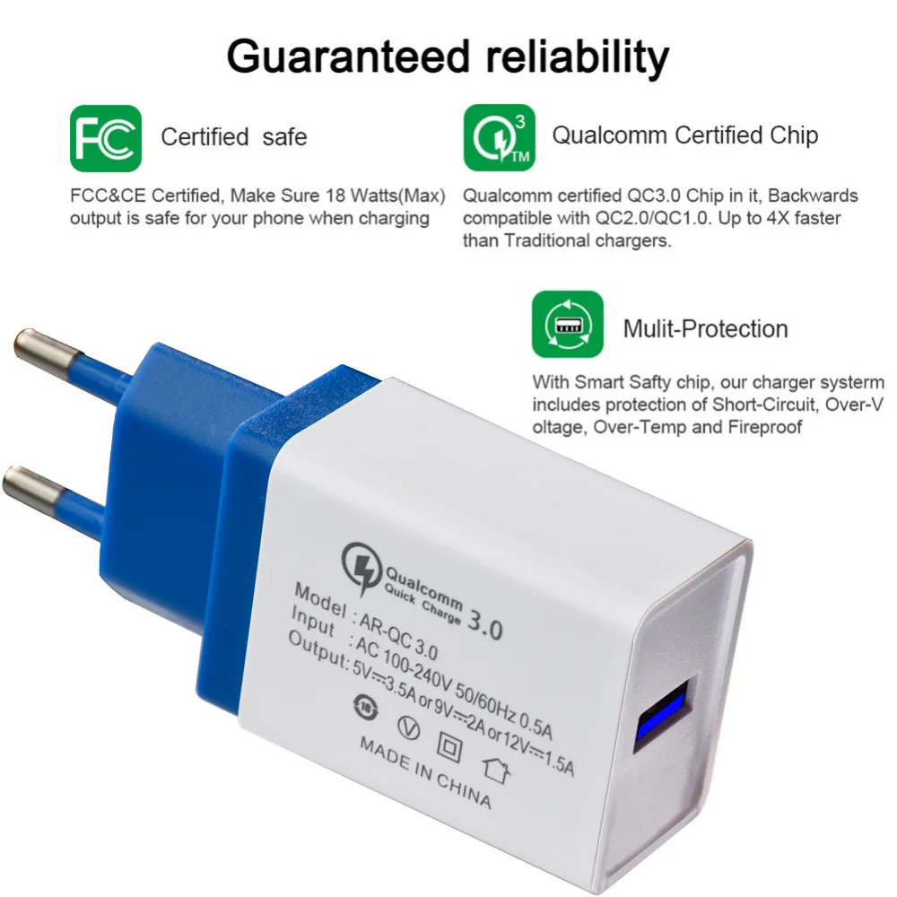 QC3.0 18W Single USB Charger Plug Mobile Phone Charger For iPhone Samsung Huawei Xiaomi