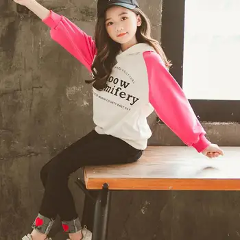 

2020 2 Pcs Spring Suit For Girls Kids Clothes Casual Teenage Girls Clothing Sets Hooded Sweatshirts + Jeans Denim Pants Costume
