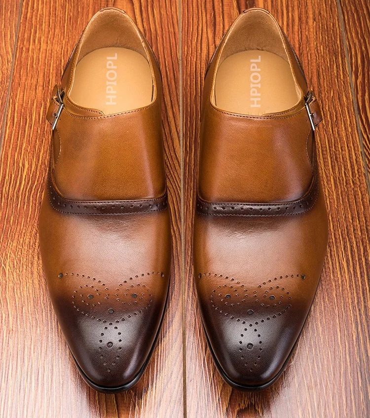 Handmade Men's Natrual Leather Business Dress Suit Shoes Men Brand Bullock Genuine Leather Brown slip on Wedding Shoes Formal (4)