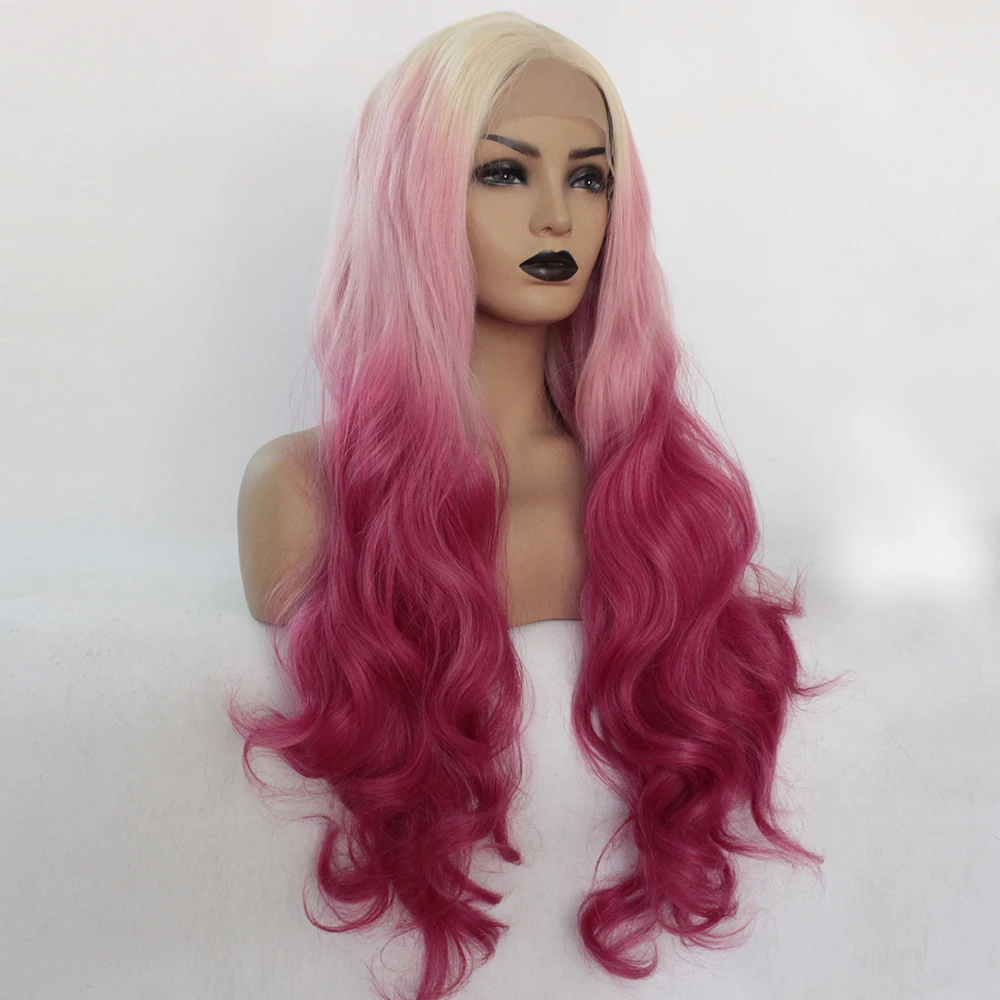 Blonde Ombre Pink Lace Front Wig Synthetic Long Body Wave Wavy Fancy Female Wigs-9