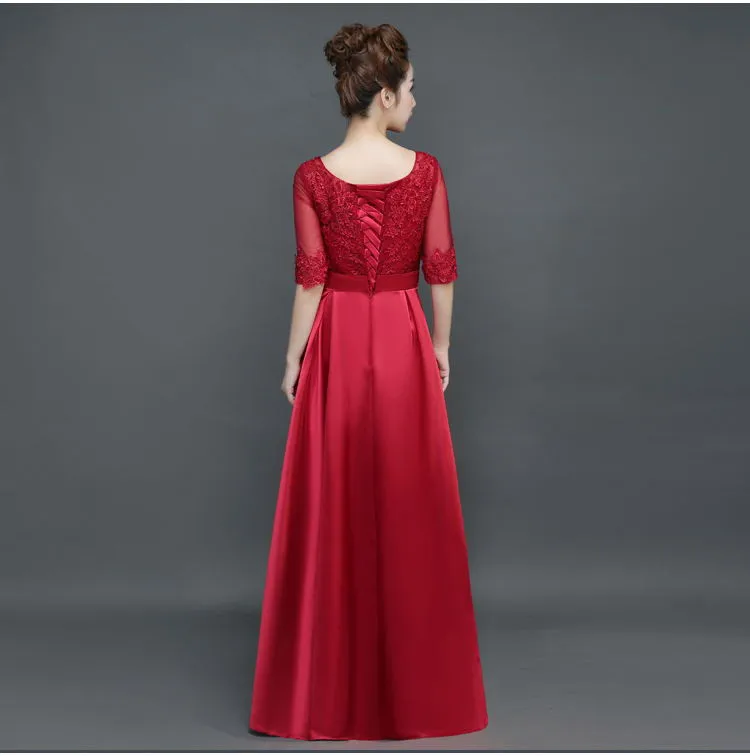 Vestido para boda2019 Черпак шеи кружева атласа Половина рукава линия Бургундия Королевский синий золото платья невесты длинные