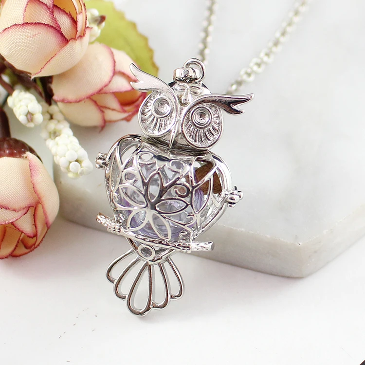 

1PC Apple and Owl Hollow Cage Locket Pendant with glass ball Memory Locket Pendant Cremation Jewelry Fillable Jewelry