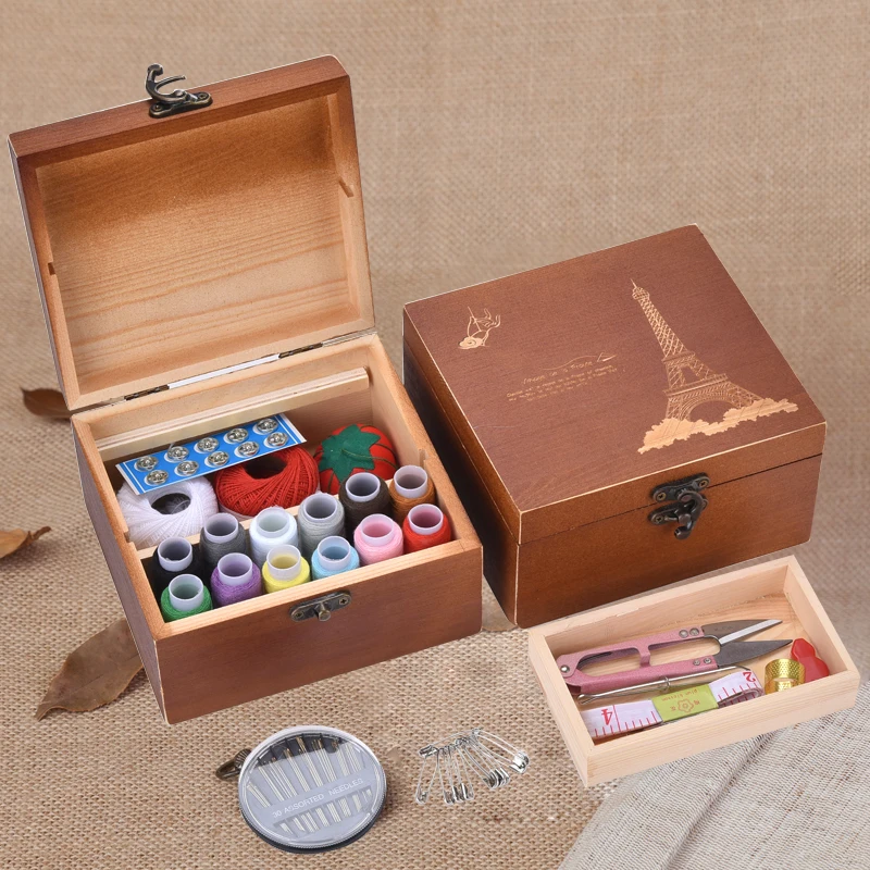 

Wood Box Sewing Kit Needle Tape Scissor Multifunction Threads Sewing Tools Accessory Sewing Kits For Home & Travelling With