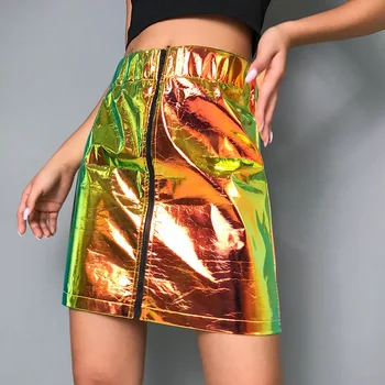 

2019 Summer Harajuku Mini Skirt Holographic High Waist Skirts Yewa Womens Casual Dancing Reflective Zipper Bling Short Skirt