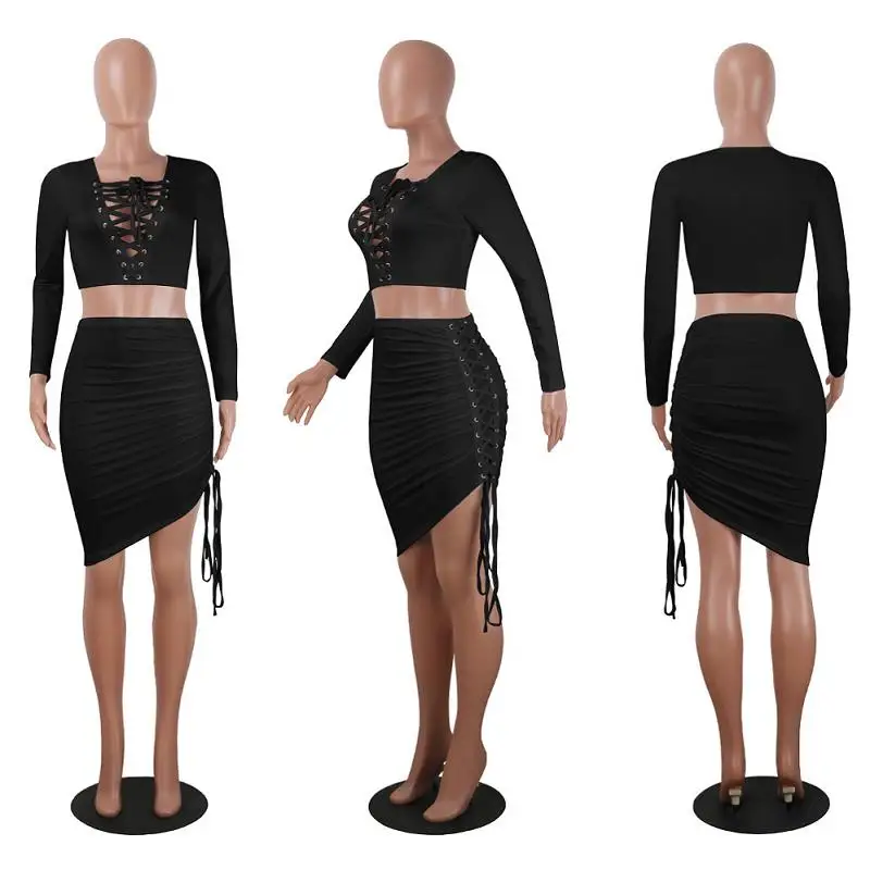 ADEWEL 2017 Autumn Women Bandage Lace Up Two Piece Set Mini Dress Sexy Bodycon Long Sleeve Crop Top &  Irregular Club Dress Sets (8)