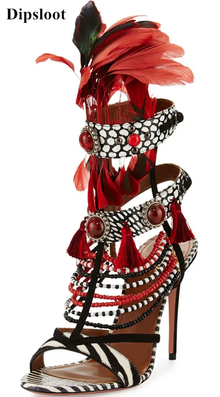 

Dipsloot 2018 Fashion Mixed Color Feather Dress Runway Shoes Woman Buckle Strap Summer Gladiator Sandals Female High Heels Shoes