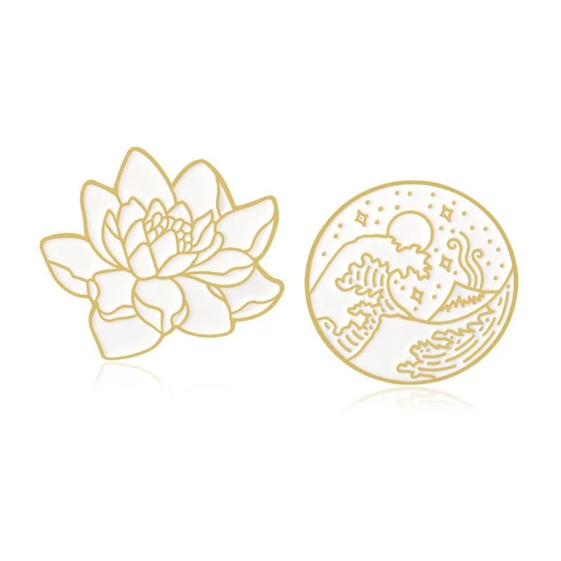 Круглая брошь Lotus Great Wave в форме цветка лотоса морской волны звезды Луны океана