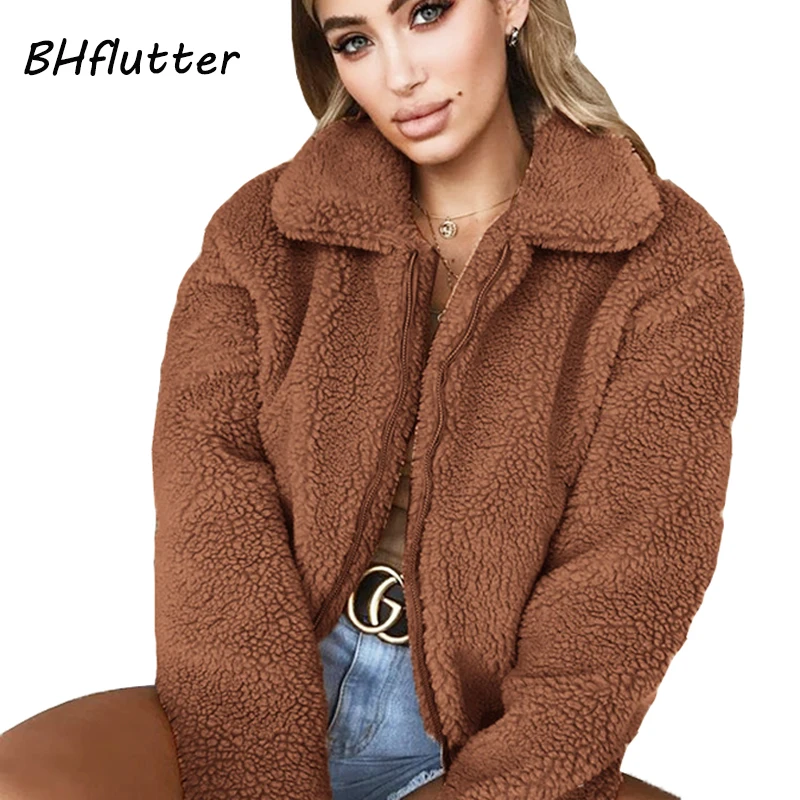 

BHflutter chaqueta mujer Winter Coat Tops Women Fashion Solid Turn-down Collar Zipper Outerwear Female Casyak Fleece Warm Jacket