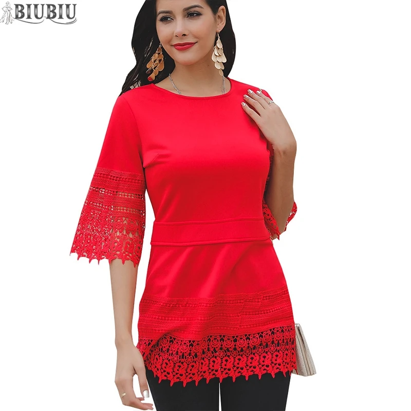 

BIUBIU Lace Patchwork Women T-Shirts Half Flare Sleeve Tunic Solid Tops O-neck Hollow Out Zip T-shirt Woman Casual Spring Tops