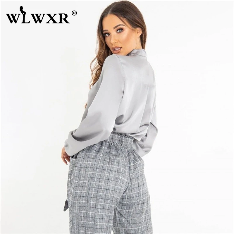 WLWXR офисные атласные шифоновые длинные Bluose женские рубашки Blusas топы с галстуком