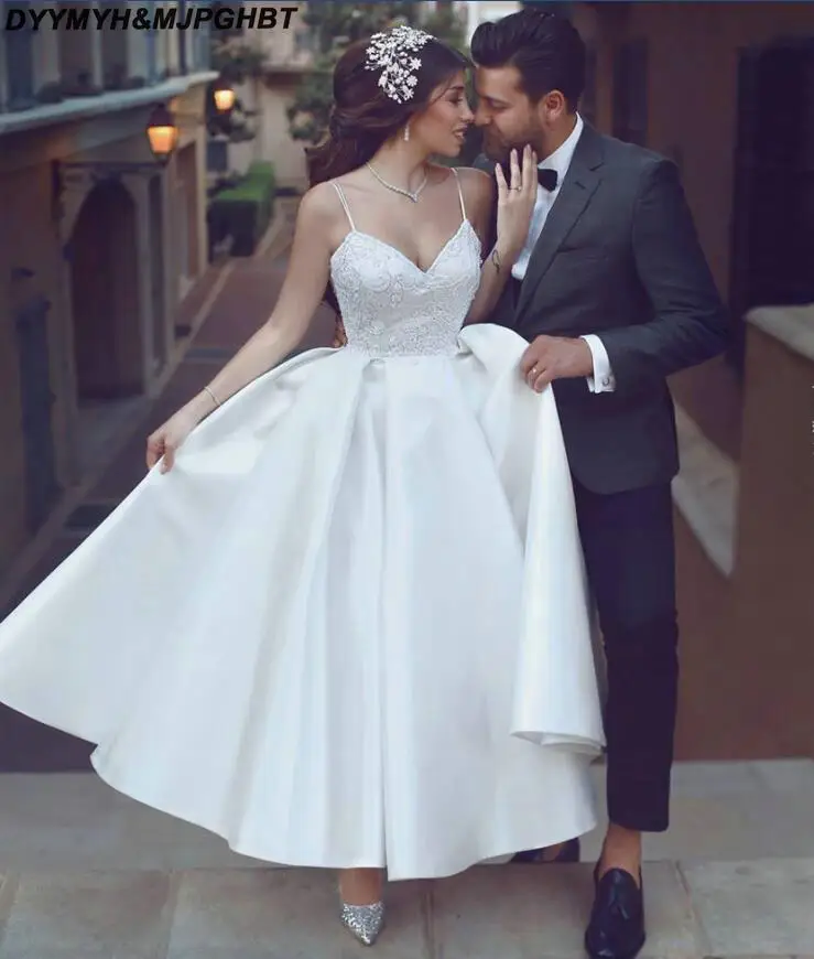 New Short Bridal Gown Wedding Dresses V Neck Satin Ankle