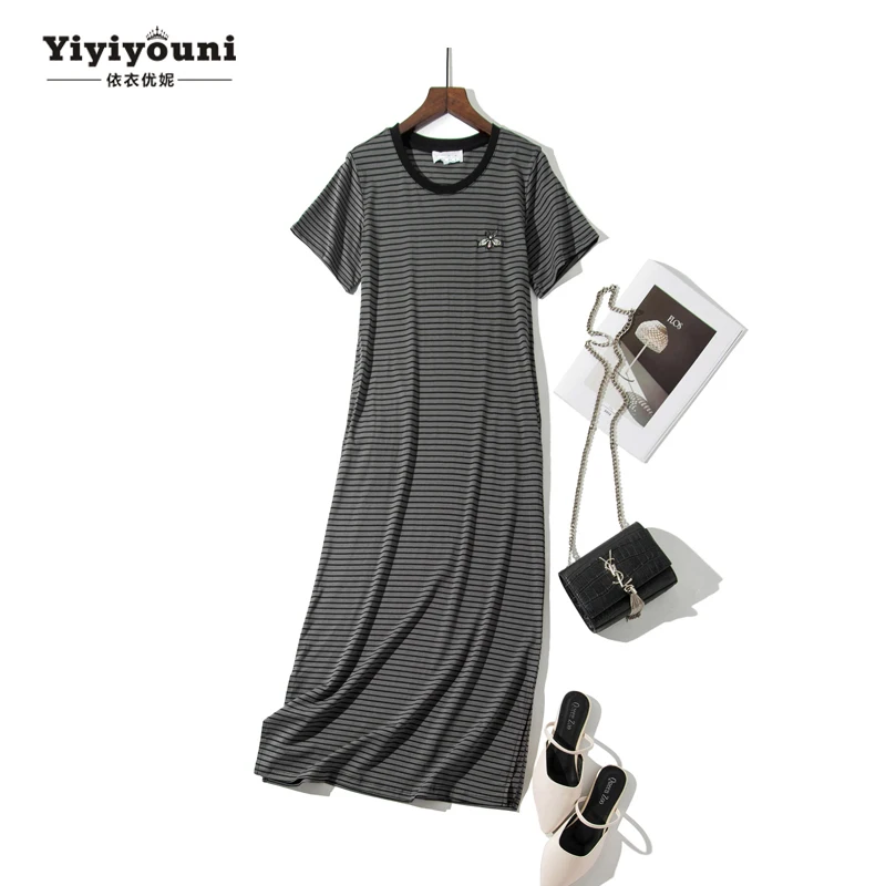 Yiyiyouni 2019 الصيف الأسود مخطط النحل التطريز فساتين النساء عارضة طويل مستقيم الكاحل طول قميص اللباس المرأة زائد حجم