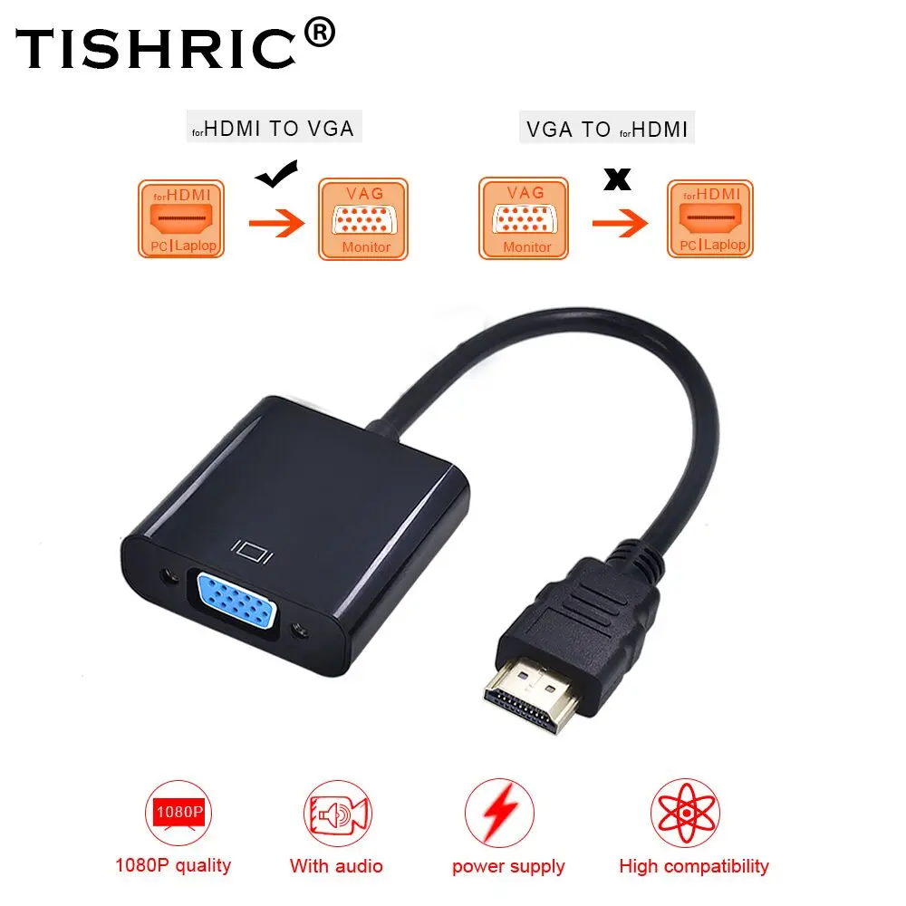 

TISHRIC HD 1080P HDMI to VGA Adapter Audio Converter Cable Male to Female Digital to Analog HDMI VGA Adapter Audio Cable for TV