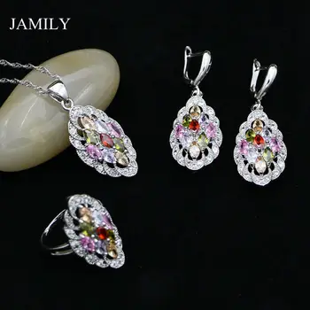 

Fashion Leaves 925 Sterlig Silver Jewelry Sets Multicolor Stones Decoration For Women Wedding Earrings/Pendant/Ring/Necklace Set