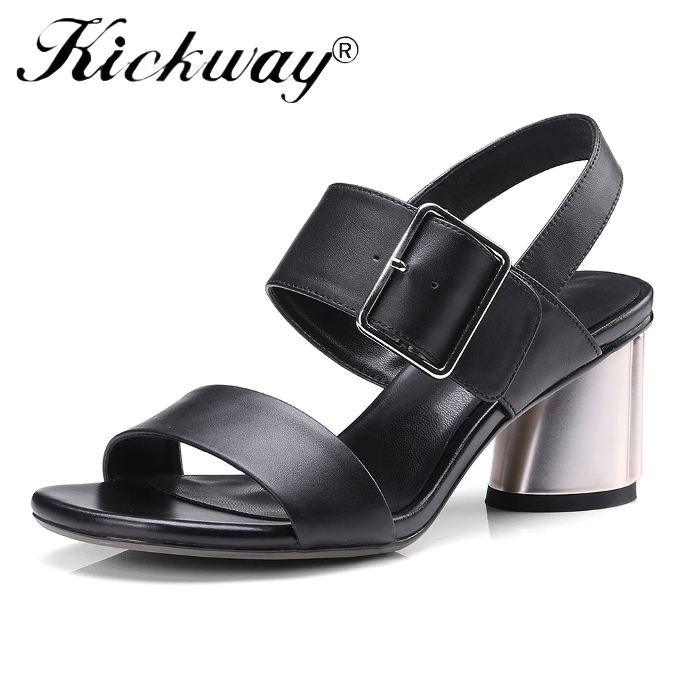 

Kickway 2018 Elegant Retro Sandals Womens Cut Out Real Leather Black Chunky Square Heel Gladiator Rome Ankle Strap Sandals Shoes