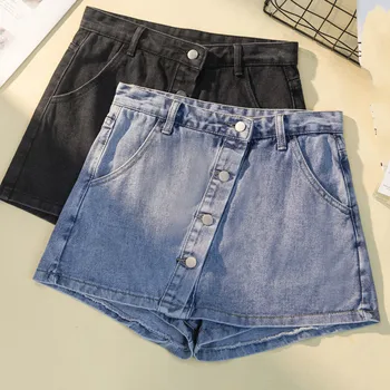 

Irregular Denim Shorts High Waist A-line Mini Women 2019 Summer Single Button Pockets Blue Jean Shorts Skirts Plus Size