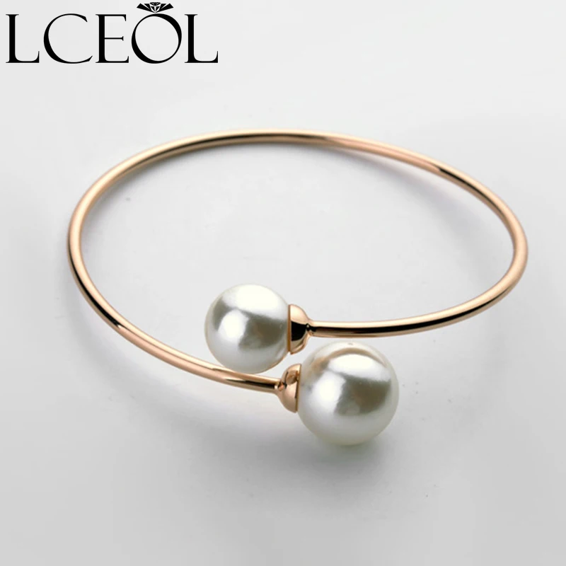 

LCEOL High Quality AAA Fashion double pearl cuff opening bracelet&bangle italina brand gold C bangle for women