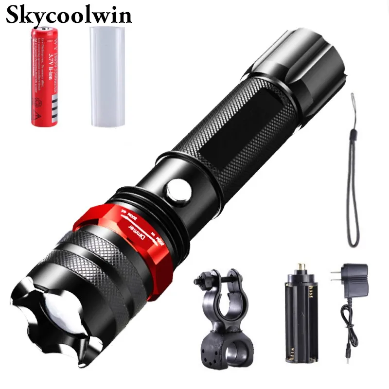 

Skycoolwin T6 LED Zoomable Flashlight Waterproof Torch Light Lamp 18650 lanterna Torch Rechargeable led Flashlight