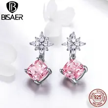 BISAER подлинные 925 пробы серебряные романтические серьги-гвоздики в виде цветка сакуры для женщин, розовое кубическое циркониевое серебряное ювелирное изделие EFE075