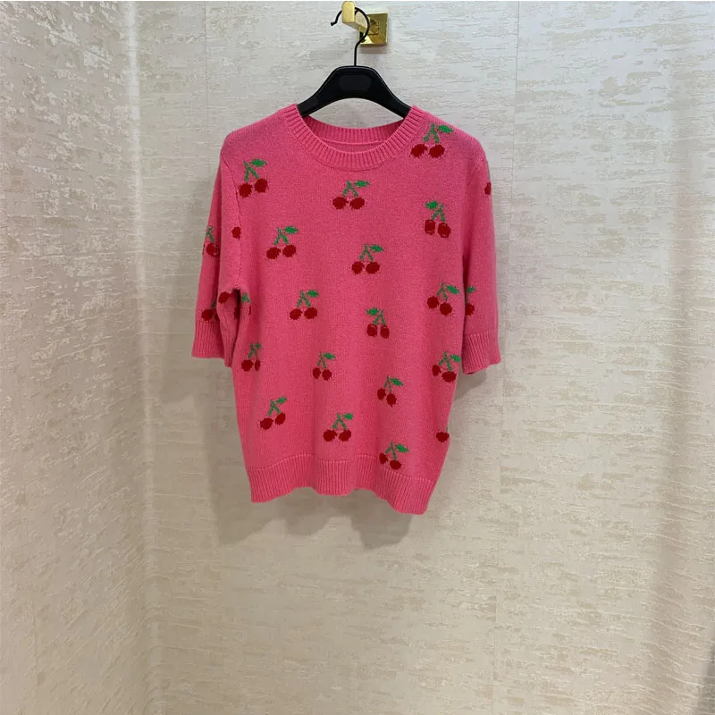 

Guc Fashion Temperament Cherry Pattern Wool Short Sleeve Sweater 100% Wool Short Sleeve Top