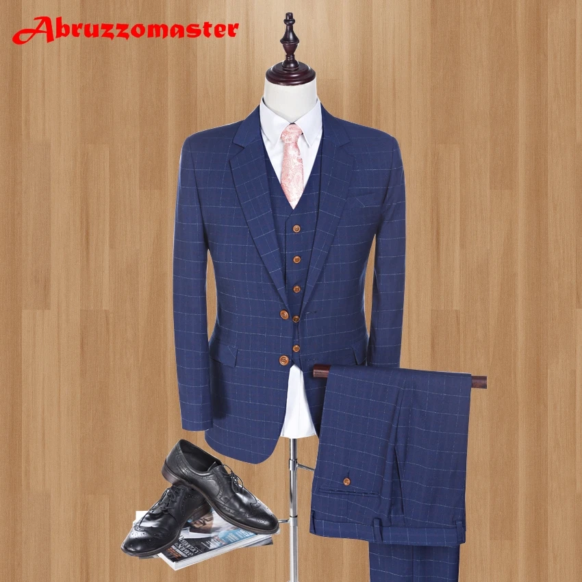 Классические брюки мужской костюм синий Damier проверить жениха смокинг жениха камвольной Smart повседневное бизнес куртка+ брюки для девоче