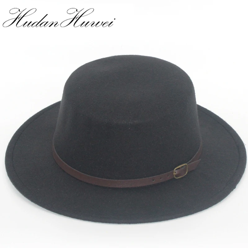 

Retro Men Women flat top Wool Felt Fedora Hats with Belt buckle Decorated ladies trilby Boater Hat flat brim chapeau